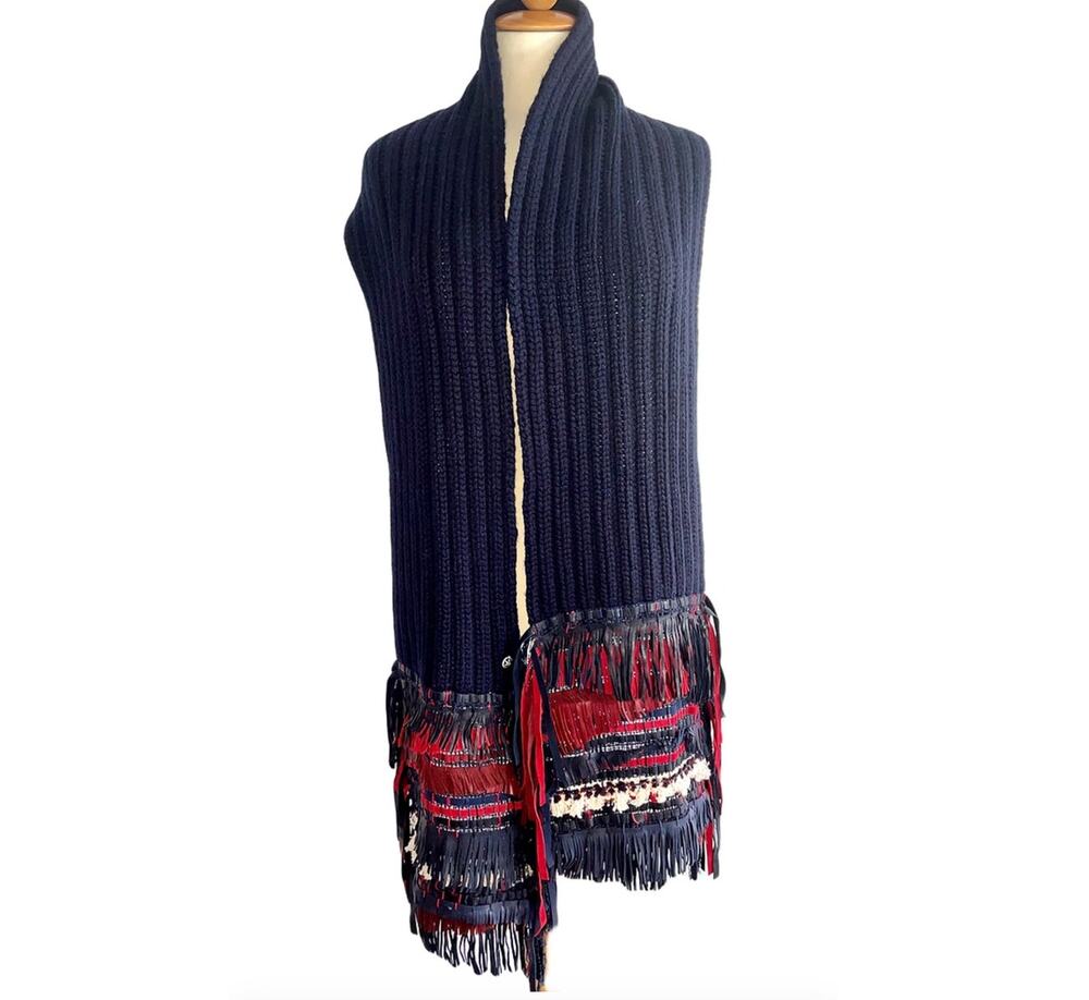 Chanel Scarf Chunky Cashmere Navy Blue Leather and Yarn Fringe Apx 76" Long